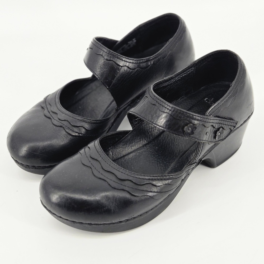 Dansko Harlow Black Leather Floral Scalloped Mary Jane Clogs Shoes 40 US 9.5-10